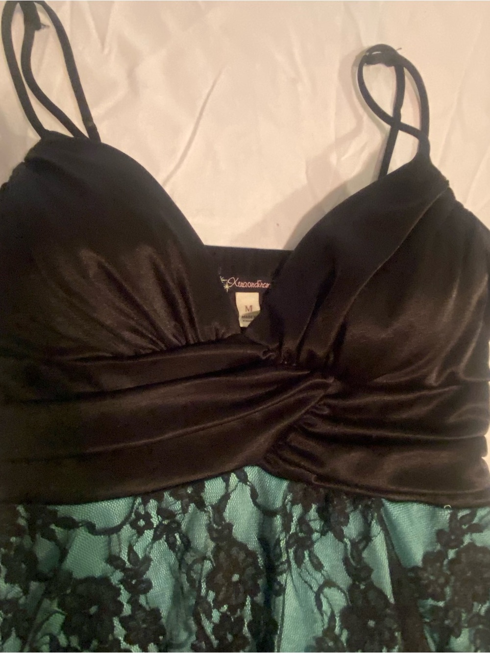 Vintage Y2K Xtraordinary Tiered Black Lace Teal Whimsigoth Party Mini Dress M - Picture 15 of 16